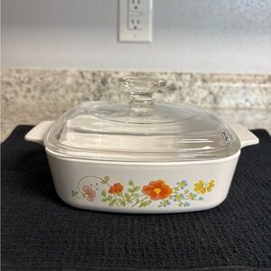 Corning Ware Wildflower 1 Quart Casserole Dish A-1-B with Pyrex A-7-C lid.